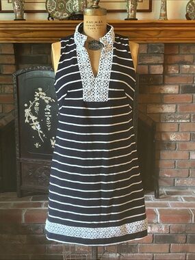 Eliza J Black and White Striped Sleeveless Midi Dress with Crochet Trim
